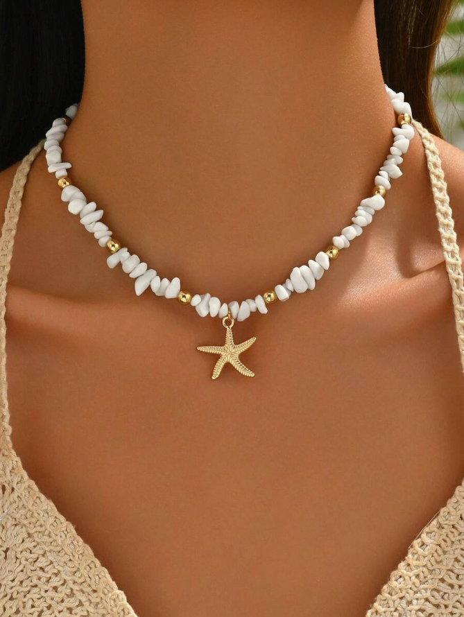 Collar Piedras Naturales con Colgante Estrella de Mar Dorada