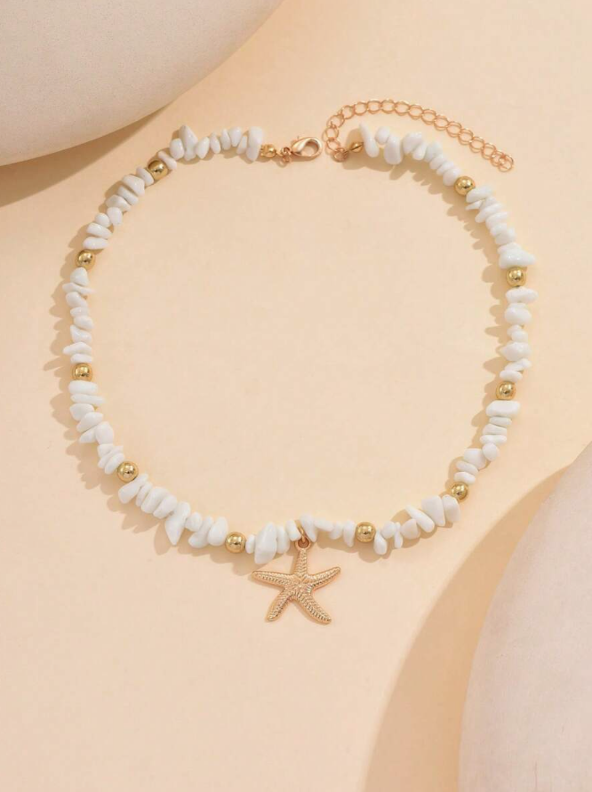 Collar Piedras Naturales con Colgante Estrella de Mar Dorada