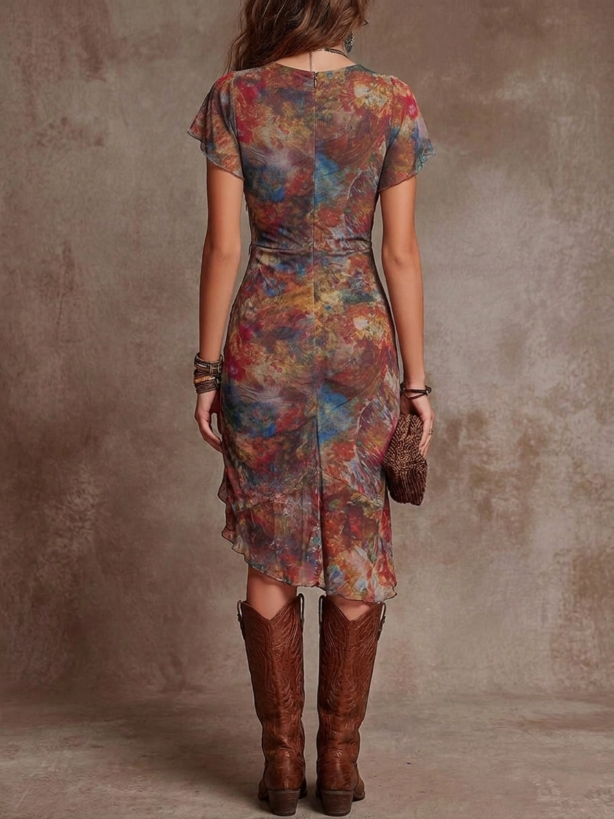 Martina · Vestido midi plisado con escote en V y estampado artístico abstracto de estilo bohemio